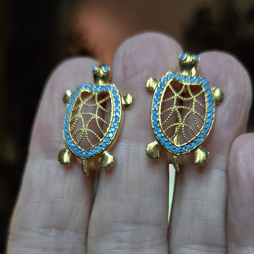 Turquoise Turtle sterling & gold Earrings - Picture 3 of 8